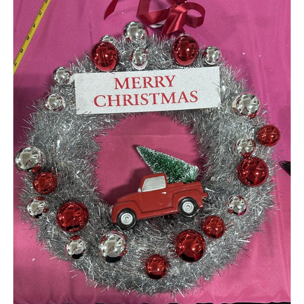 14" Silver lighted Wreath with red truck by Valerie Parr Hill