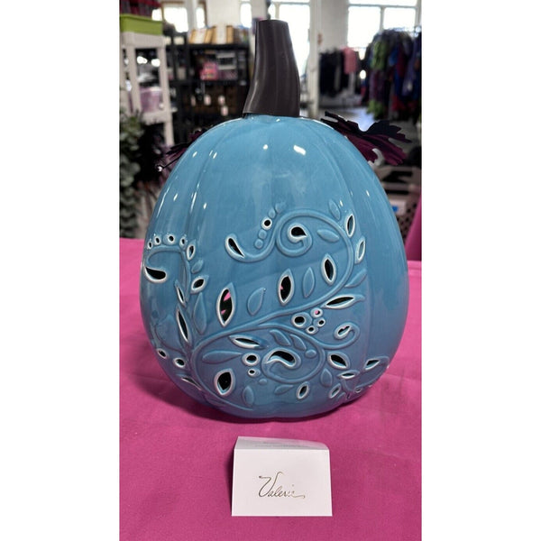 2 Blue Ceramic Illuminated Pumpkin w flower Design Valerie Parr Hill Collection