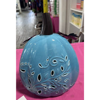 2 Blue Ceramic Illuminated Pumpkin w flower Design Valerie Parr Hill Collection