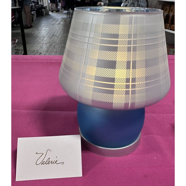 Frosted Satin Glass Plaid Accent Lamp Valerie Battery Operated Cobalt Blue NEW