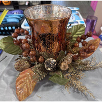 Valerie Parr Hill Illuminated Hurricane Glass Centerpiece Leaf Berry Pinecone