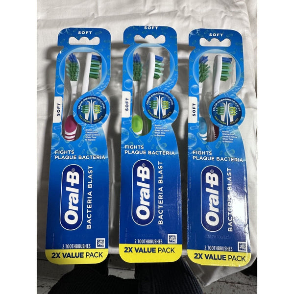 THREE Oral-B Bacteria Blast Toothbrush SOFT 2 packs Assorted Colors NEW 6 total