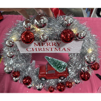 14" Silver lighted Wreath with red truck by Valerie Parr Hill