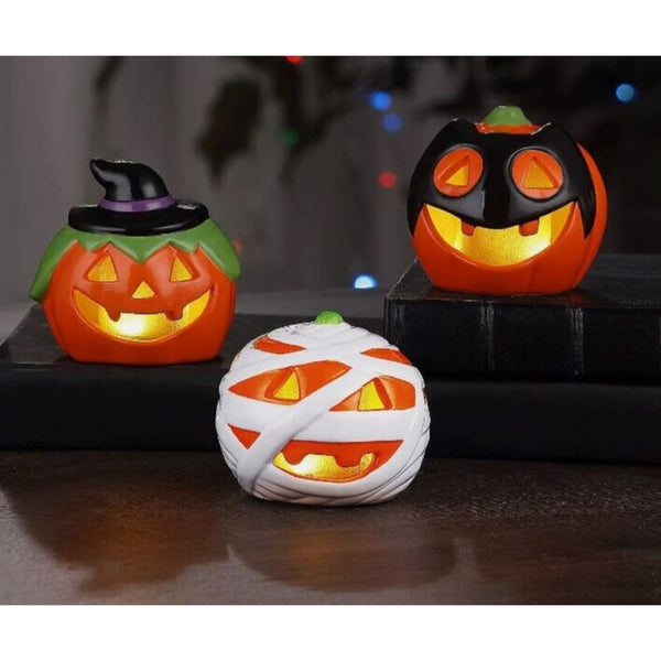 2 SETS of 3 Mr. Halloween Illuminated Pumpkin Decorations Bat Mummy Witch Jack O