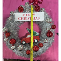 14" Silver lighted Wreath with red truck by Valerie Parr Hill