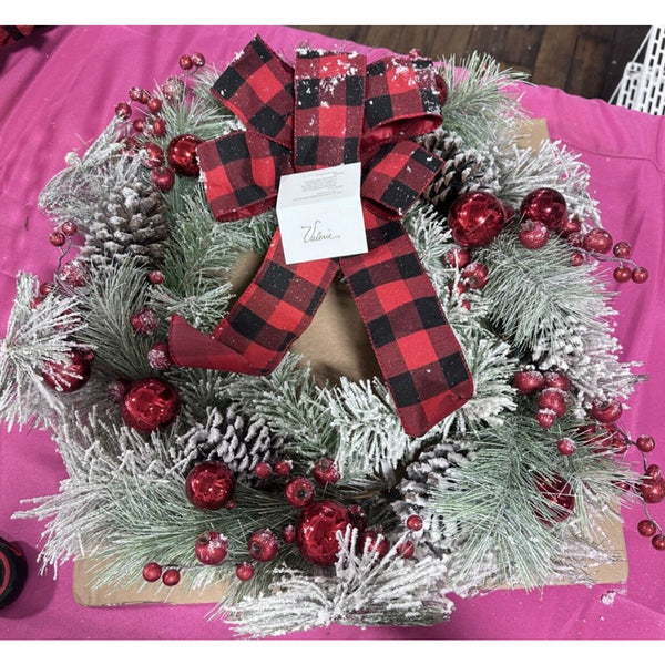 20" Valerie Parr Hill red plaid frosted door wreath pinecones RETIRED