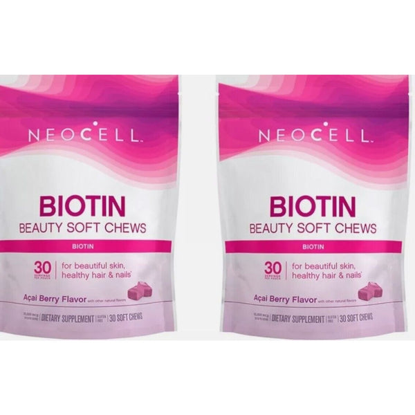 2 Neocell Biotin Beauty Soft Chews Acai Berry Flavor 10,000 mcg 30 Soft Chews ea