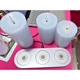 3 Rechargeable Light Blue Wax Candles with Charging plate out of box