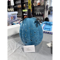 2 Blue Ceramic Illuminated Pumpkin w flower Design Valerie Parr Hill Collection