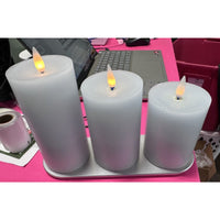 3 Rechargeable Light Blue Wax Candles with Charging plate out of box