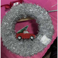 14" Silver lighted Wreath with red truck by Valerie Parr Hill