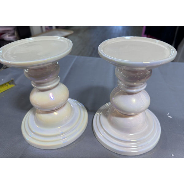 2 Valerie Parr Hill White Iridescent sold or color changing candle pedestals NB