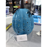 2 Blue Ceramic Illuminated Pumpkin w flower Design Valerie Parr Hill Collection