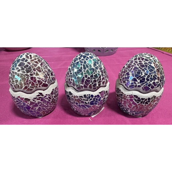 3 Purple Iridescent Glass Mosaic Cracked Easter Eggs Valerie Parr Hill RETIRED